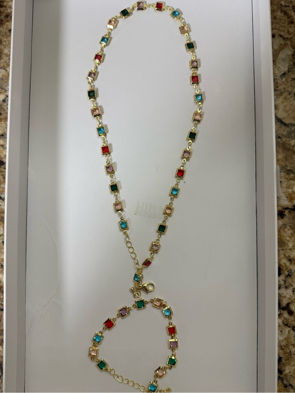 Gold plated Multicolor Square-Station Necklace and Bracelet Set